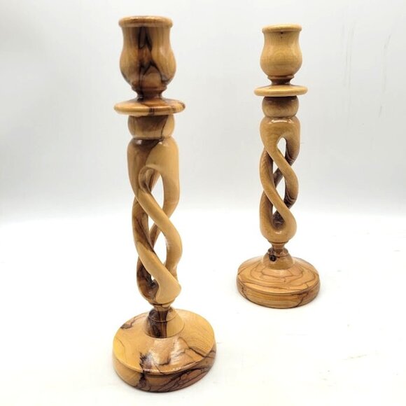 Hand Turned Olive Wood Candle Holders Set2 Rustic Luxury Decor Holy Land Holiday - Picture 4 of 11